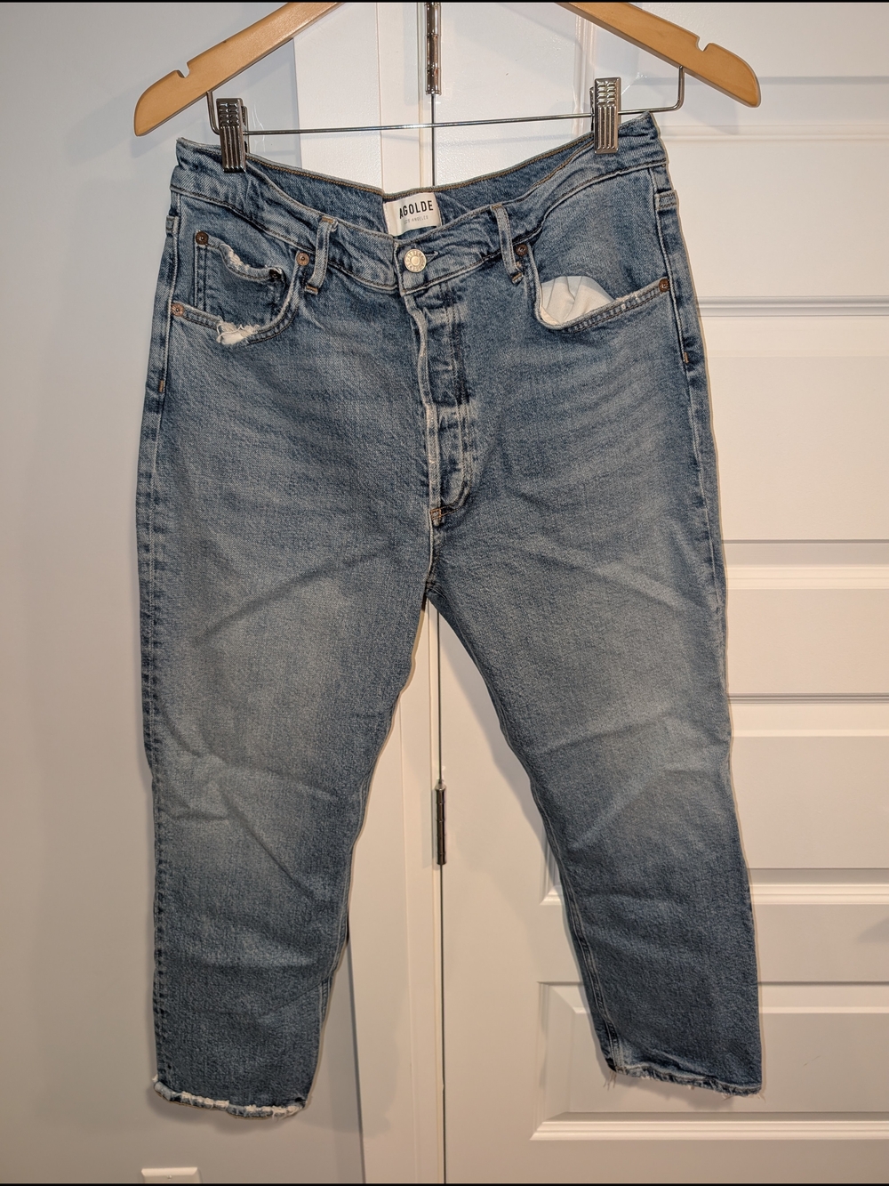 AGOLDE High Rise Straight Leg Jeans Blue Button Fly Distressed